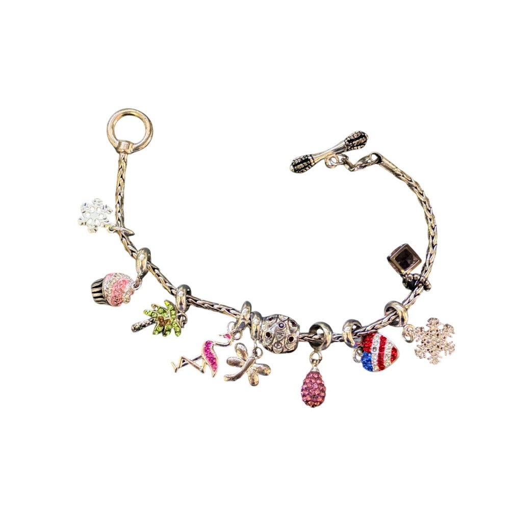 DaVinci Silver Tone Charm Bracelet Flamingo Cupcake Snowflake Toggle Clasp 8.5"